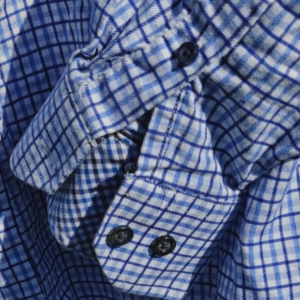 Duchamp London Blue and White Plaid Long Sleeved Tailored Fit Men's Shirt. - Picture 4 of 5